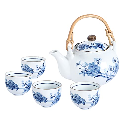 fanquare Japanisches Blau und Weiß Porzellan Tee Set, Pflaumenblüten Muster Teeservice, Keramik Teekanne mit Rattanstiel und 4 Tassen von fanquare