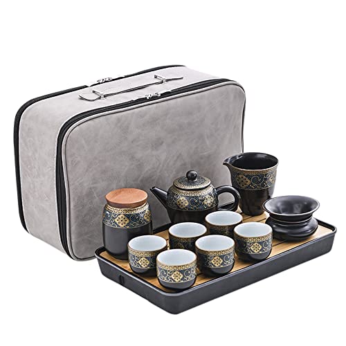 fanquare Japanisches Kung Fu Tee Set mit Reisetasche, Schwarz Teekanne Teetassen Set mit Gold Blumen Muster, Teeservice Set aus Keramik, Teekanne und 6 Tassen von fanquare