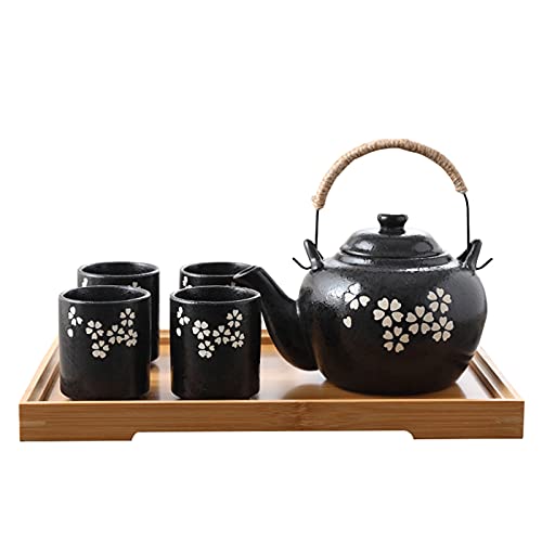 fanquare Japanisches Porzellan Tee Set mit Weißen Blüten Muster,Handgefertigtes Kungfu Teeservice für Erwachsene, 1 Teekanne Con Infusor und 4 Teetassen mit Bambus Tee Tablett von fanquare