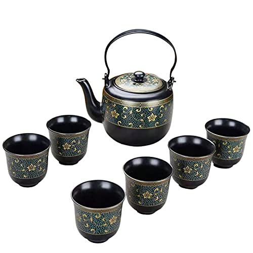 fanquare Japanisches Porzellan Teeservice, Handgemachtes Kung Fu Tee Set für Erwachsene, Große Schwarze Teekanne und 6 Tassen mit Gold Blumen Muster von fanquare