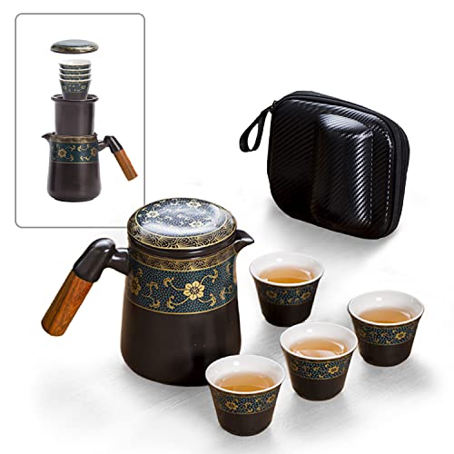 fanquare Japanisches Reise Porzellan Teeservice, Handgemachtes Kung Fu Tee Set für Erwachsene, Schwarze Teekanne und 4 Tassen mit Gold Blumen Muster von fanquare