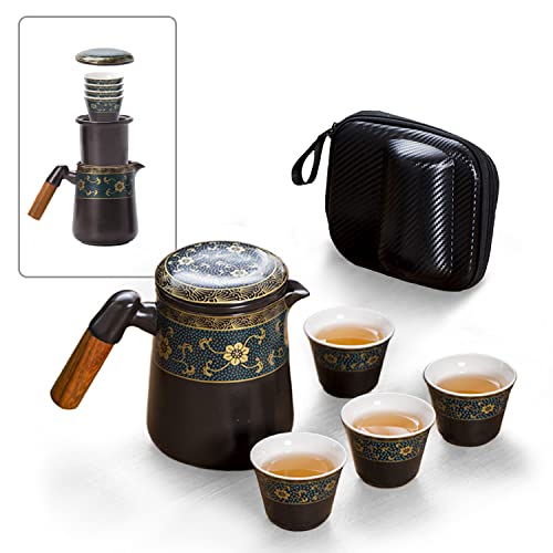 fanquare Japanisches Reise Porzellan Teeservice, Handgemachtes Kung Fu Tee Set für Erwachsene, Schwarze Teekanne und 4 Tassen mit Gold Blumen Muster fanquare Japanisches Reise Porzellan Teeservice, Handgemachtes Kung Fu Tee Set für Erwachsene, Schwarze Teekanne und 4 Tassen mit Gold Blumen Muster von fanquare