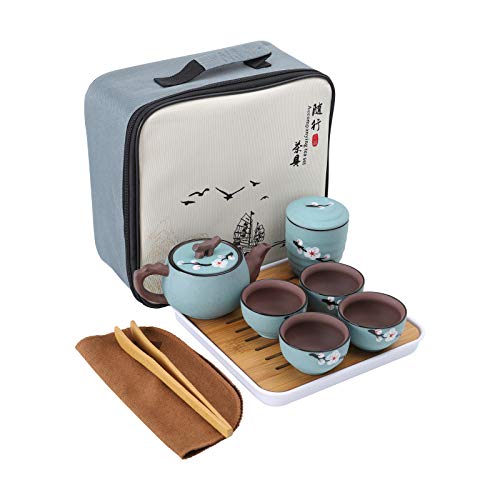 fanquare Japanisches Tragbare Reise Kung Fu Tee Set,Kirschblüte Zisha Tee Service für Erwachsene, 1 Teekanne, 4 Teetassen und 1 Teekanister mit Reisetasche von fanquare