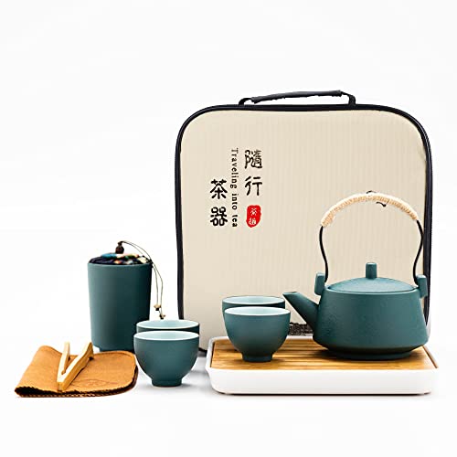 fanquare Japanisches Tragbare Reise Tee Set mit Reisetasche, Grün Chinesisches Tee Set aus Keramik, Kung Fu Tee Service mit Teekanne, Teetassen, Bambus Tee-Tablett von fanquare