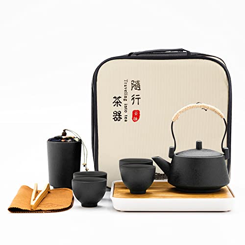 fanquare Japanisches Tragbare Reise Tee Set mit Reisetasche, Schwarz Porzellan Tee Service mit Teekanne, Mini Chinesisch Tee Set für Erwachsene, Geschenke Männer von fanquare