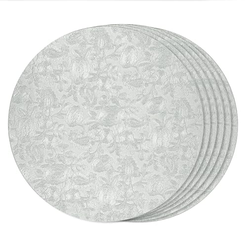 fanquare Kunstleder Platzsets 38cm Runde Silberne Tischsets 6er Set Abwischbare Hitzebeständige Tischsets Bestickte rutschfeste Platzsets für Esstisch Küche von fanquare