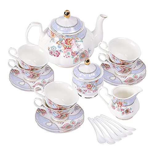 fanquare Lila Blumen Porzellan Tee Set, Teetasse und Untertasse Set, Tee Service für 6 Personen, Hochzeit Teekanne Zucker Schüssel Creme Krug, China Kaffee Set von fanquare