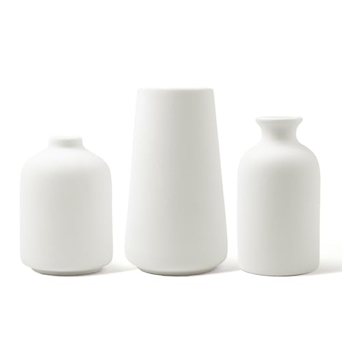 fanquare Moderne Weiß Vasen 3er-Set, Keramikvase für Wohnzimmerdekoration, Kaminsims und Eingangsdekoration, Handgefertigt Blumenvasen für Dekor von fanquare
