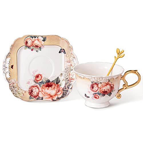 fanquare Orange Kaffee Tee Tasse und Untertasse Set, Blumen Keramik Kaffeetasse mit Untertasse, 200ml Englische Porzellan Teetasse von fanquare