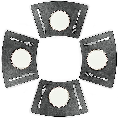 fanquare PU Runde Platzsets 48x30 cm Rindsleder Korn Tischsets für Esstisch Waschbar Grau Keilförmige Tischmatte 4er Pack von fanquare