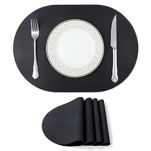 fanquare Platzdeckchen aus Silikon 4er Set, Schwarz Oval Wasserdicht Wärmeisolierend Tischsets, Abwaschbar rutschfest Innen und Außen Platzsets, 43 x 30cm von fanquare