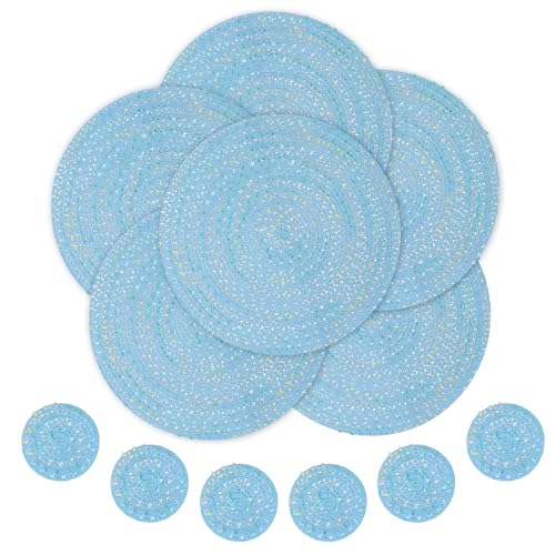fanquare Platzsets Runde Tischsets 6er Set Tischmatten aus Baumwolle 38x38cm, Abwaschbare und rutschfeste Platzdeckchen in Blau, inkl. 6 Stück Tassomat von fanquare