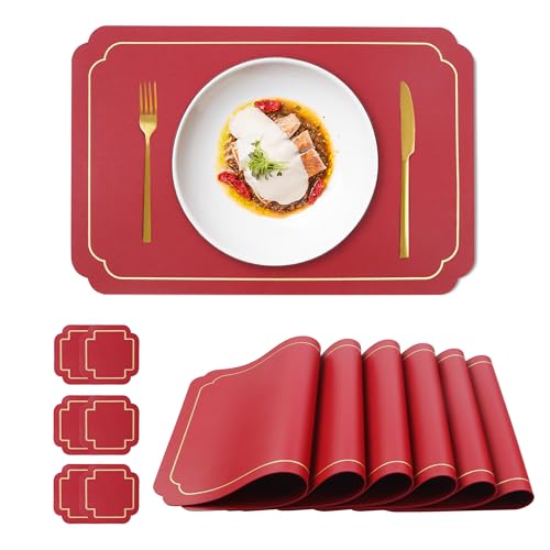 fanquare Platzsets und Untersetzer 6 Stück Rot Rechteckige Kunstleder-Tischsets mit Goldrand Hitzebeständige, waschbare, rutschfeste Tischsets für Essküchentisch Hochzeitsdekoration 45 * 30cm von fanquare