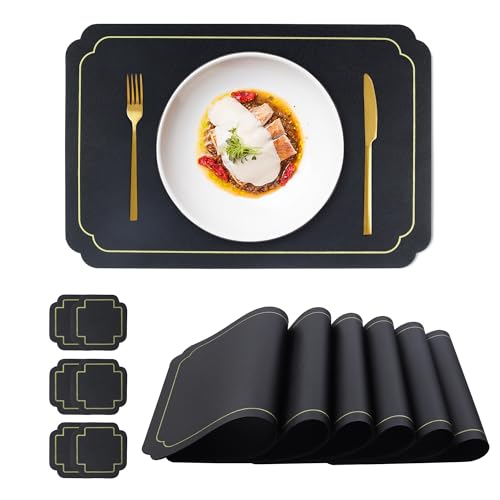 fanquare Platzsets und Untersetzer 6 Stück Schwarz Rechteckige Kunstleder-Tischsets mit Goldrand Hitzebeständige, waschbare, rutschfeste Tischsets für Essküchentisch Hochzeitsdekoration 45 * 30cm von fanquare