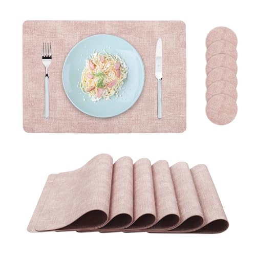 fanquare Platzsets und Untersetzer 6er Set PU Leder Tischsets Rechteckig Rosa rutschfest Hitzebeständig Tischsets für Zuhause Essen Küche Restaurant Hotel 43x30cm von fanquare
