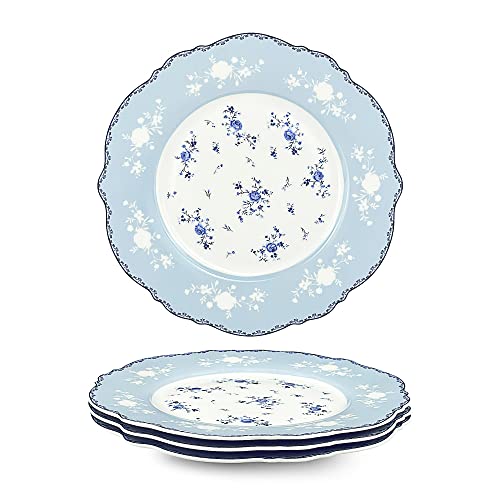 fanquare Porzellan Dessertteller 4er Set Ø 208 mm Blau und Weiß Frühstücksteller mit Goldrand, Königlich Vintage Tafelservice für Küche von fanquare