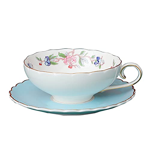 fanquare Porzellan Tasse und Untertasse, Rosa Lotusblume und Vogel Muster, Nachmittagstee Tasse mit Goldrand, Blau von fanquare