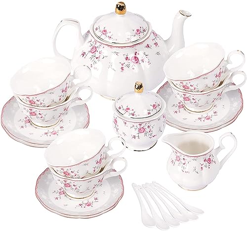 fanquare 21 Stück Porzellan Tee Sets, Teetasse und Untertasse Set, Tee Service für 6 Personen, Hochzeit Teekanne Zucker Schüssel Creme Krug, Blume China Kaffee Set, Rote Rose von fanquare