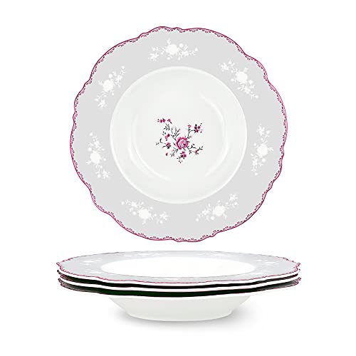 fanquare Porzellan Tief Suppentelle Set aus 4 Ø 232 mm Grau Pastaschalen Set, Rosa Blumen Suppenschalen, Mikrowelle und Geschirrspüler Sicher von fanquare