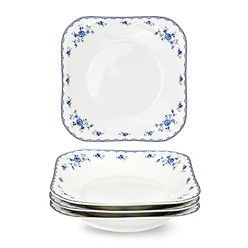 fanquare Quadratische Salatteller aus Porzellan Set für 4 Persons Ø 188 mm Blau Rose Blumen Dessertteller, Salatschüssel Set aus Keramik von fanquare