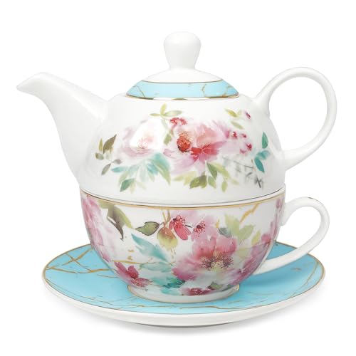 fanquare Rosa Geblümt Tea for One Set, Teetasse und Untertasse Set mit Goldrand, Porzellan Kaffee und Tasse Set für Geschenk, Blau von fanquare