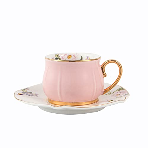 fanquare Rosa Keramik Kaffee Tee Tasse und Untertasse Set, Floral Tasse und Untertasse Set mit Goldrand, 220ml Geschenk Tee Tasse von fanquare