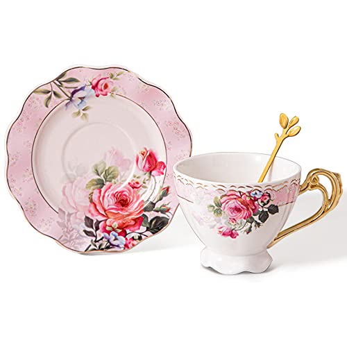 fanquare Rosa Keramik Teetasse mit Untertasse, Kaffeetasse mit Großem Henkel, Florale Teetasse und Untertasse Set mit gewelltem Rand von fanquare