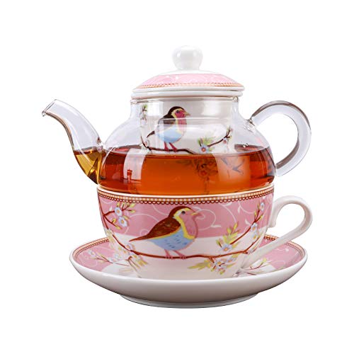 fanquare Rosa Robin Vögel und Blumen Tea for One Set, Keramik Teetasse und Untertasse mit Glas Teekanne von fanquare