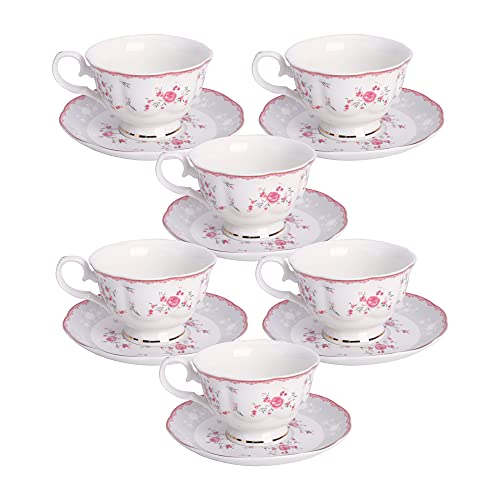 fanquare Rosa Rose Blume Set mit 6 Teetasse und Untertasse, Britisches Vintage Nachmittagstasse Set, Porzellan Kaffeetasse mit Goldrand, 150ml von fanquare