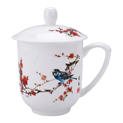 fanquare Rot Blumen und Vogel Gedruckt Chinesische Keramikbecher mit Deckel, Porzellan Tee Becher China Teetasse, 300ml von fanquare