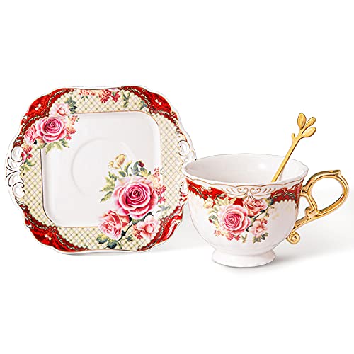 fanquare Rote Kaffeetasse mit Untertasse, Florale Keramik Tasse mit Goldrand, Teetassen Set für Hochzeit und Jahrestag von fanquare