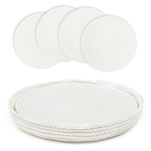 fanquare Runde Geflochtene Tischsets 4er Set Platzsets aus Baumwollseil mit Halterung 33cm Hitzebeständige Tischsets Weiße Platzsets für Runden Tisch Küche Esstisch von fanquare