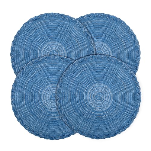 fanquare Runde Platzsets 4er Set Hitzebeständige Geflochtene Platzsets für Küchentisch 38cm Blau Runde Waschbare Tischsets von fanquare