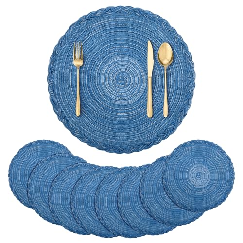 fanquare Runde Platzsets 8er Set Hitzebeständige Geflochtene Platzsets für Küchentisch 38cm Blau Runde Waschbare Tischsets von fanquare