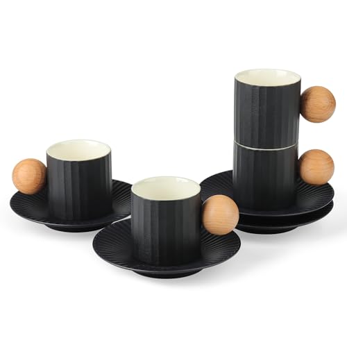 fanquare Schwarzer Kaffeebecher und Untertasse 4er Set Keramik Kaffeebecher mit Holzgriff Espressotasse Set für Tee Latte Mocha Café von fanquare