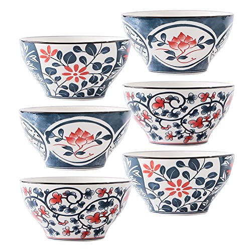 fanquare Set aus 6 Stück Müslischale Porzellan Japanischer Stil, Blaue Blätter und Rote Blumen Ramen Schüssel, Suppenschale Keramik für Desserts Snack Müsli von fanquare