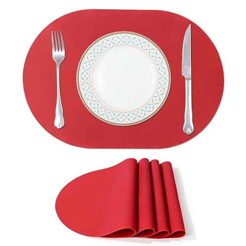 fanquare Silikon Platzsets, Ovale Tischsets für den Esstisch, Dunkelrote Weihnachtsparty Platzsets, wasserdichte Wärmeisolierung Tischsets 4er Set, 43 x 30cm von fanquare