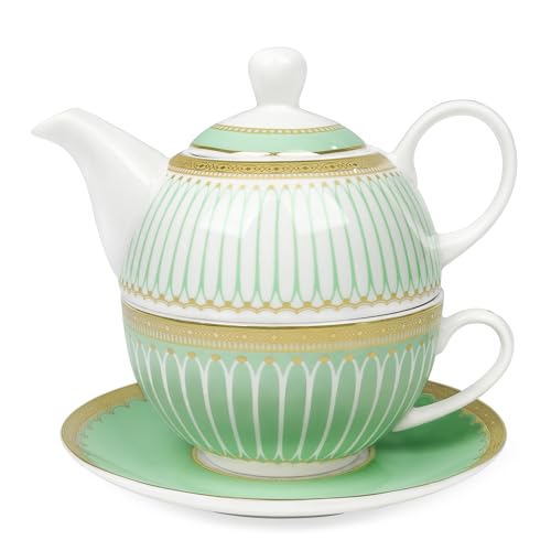 fanquare Tea for One Set mit Goldrand, Grünes Teekannen Set für Erwachsene, Keramische Kaffeetasse mit Untertasse, Klassisch Gestreift von fanquare