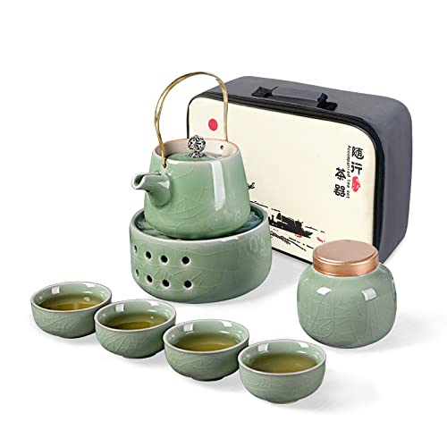 fanquare Teekanne aus Porzellan mit Heizung, Tief Grün Japanischen Stil Teeservice mit Stövchen, Keramik Tee Set mit 4 Tassen, Teedosen und Reisetasche von fanquare