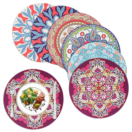 fanquare Tischsets und Untersetzer 6er Set, Ø 22cm Runde Mandala Platzsets, Wärmeisolierung abwaschbar rutschfest Gummi Tischmatten für den Esstisch Küche von fanquare