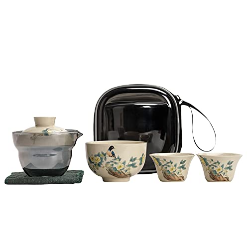 fanquare Tragbare Reise Tee Set mit Reisetasche, Porzellan Teeservice Vogel und Blumen Muster, Teekanne mit 2 Teetassen und Teedose von fanquare