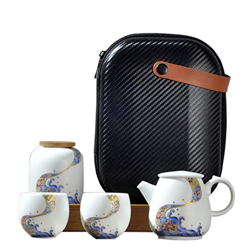 fanquare Tragbare Reise Tee Set mit Reisetasche, Porzellan Teeservice mit Meereswelle und Blume Motiv, Teekanne mit Teetassen und Teedose von fanquare