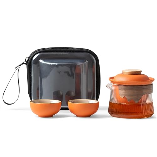 fanquare Tragbares Reiseteeservice Orange Porzellan Chinesisch Kung Fu Glas Teekanne mit Infusor Mini 1 Kanne 2 Tassen für Erwachsene von fanquare