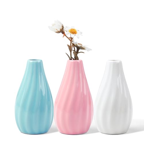 fanquare Vasen Set Deko 3-Teilig H10,5 cm aus Keramik Tränenförmig Design Blumenvasen für Innenbereich Skandinavischer Stil, Rosa, Blau und Weiß von fanquare