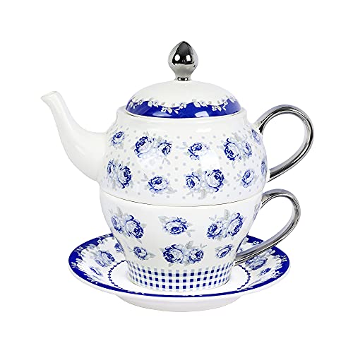 fanquare Vintage Blaue Blumen Tea for One Set, Tupfen Porzellan Kaffeetassen Set mit Teekanne, Tasse und Untertasse von fanquare