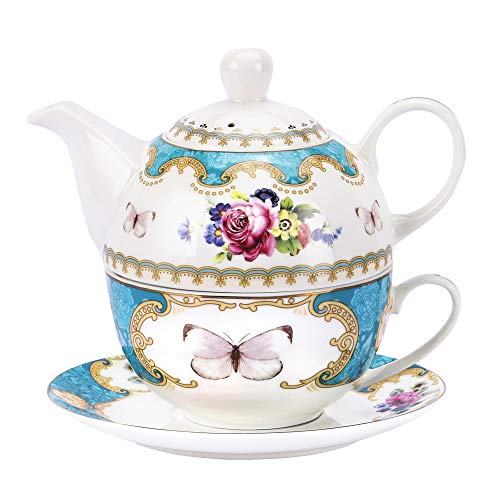 fanquare Vintage Rose Blumen Tea for One Set,Türkis Porzellan Kaffeetassen Set mit Teekanne, Tasse und Untertasse von fanquare