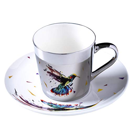fanquare Vogel Spiegel Reflexions Design Porzellan Teetasse Set, Silber Keramik Kaffeetasse mit Untertasse, 250ml von fanquare