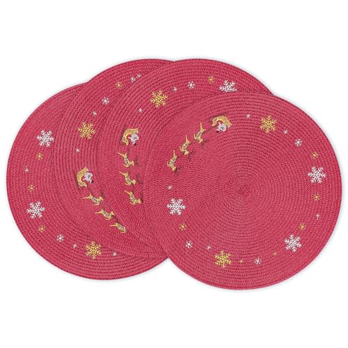 fanquare Weihnachten Tischsets 38cm Runde Gewebte Tischsets 4er Set Schneeflocken Rentier Tischsets Rote Abwischbare rutschfeste Platzsets für Urlaub Küche Esstisch von fanquare