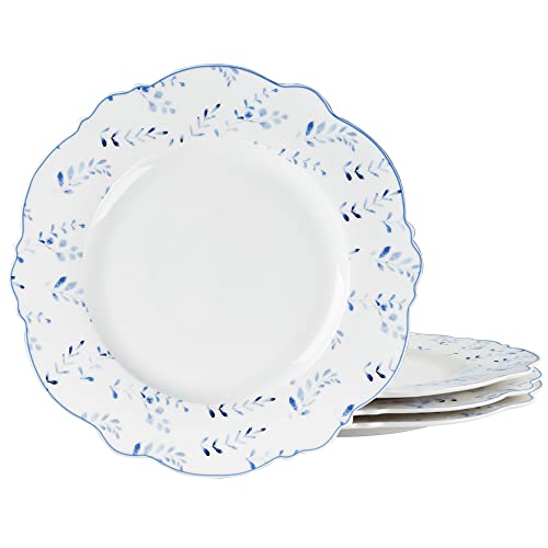 fanquare Weiß Porzellan Speiseteller 4er Set Ø 275 mm Flache Teller, Blau Blätter und Gras Geschirrset für Gastronomie und Haushalt von fanquare