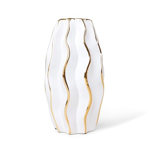fanquare Weiße Keramik Vase mit Goldrand, Handgemachte Modernes Stil Blumenvase Wellenmuster Deko für Pampasgras, Höhe 25 cm von fanquare